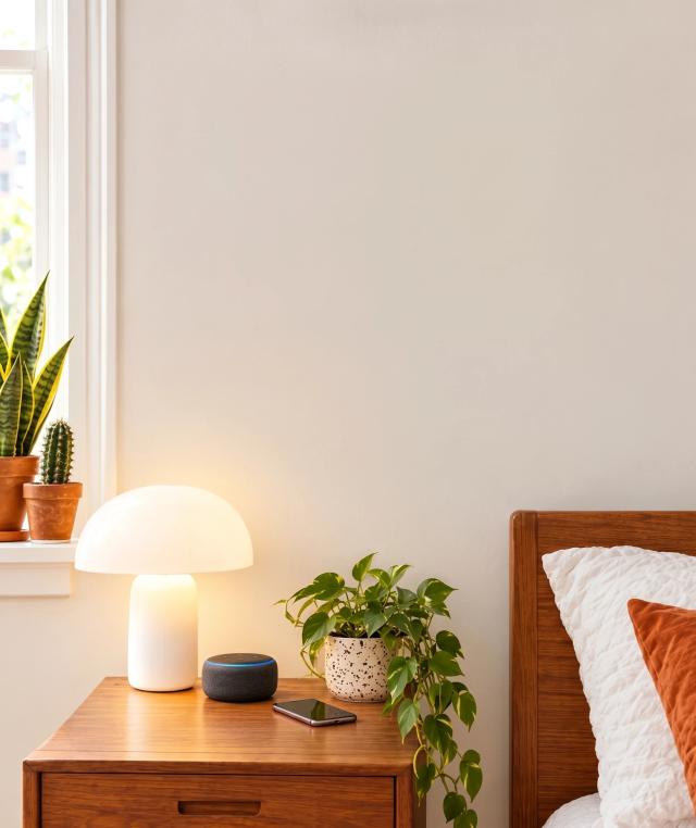 Contemporary bedroom with a nightstand and plants