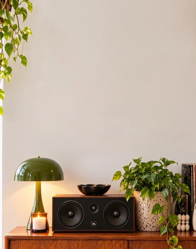 Contemporary living room with a speaker and houseplants