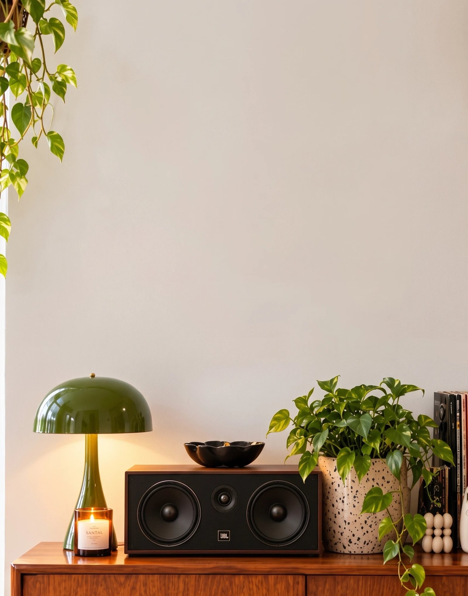 Contemporary living room with a speaker and houseplants