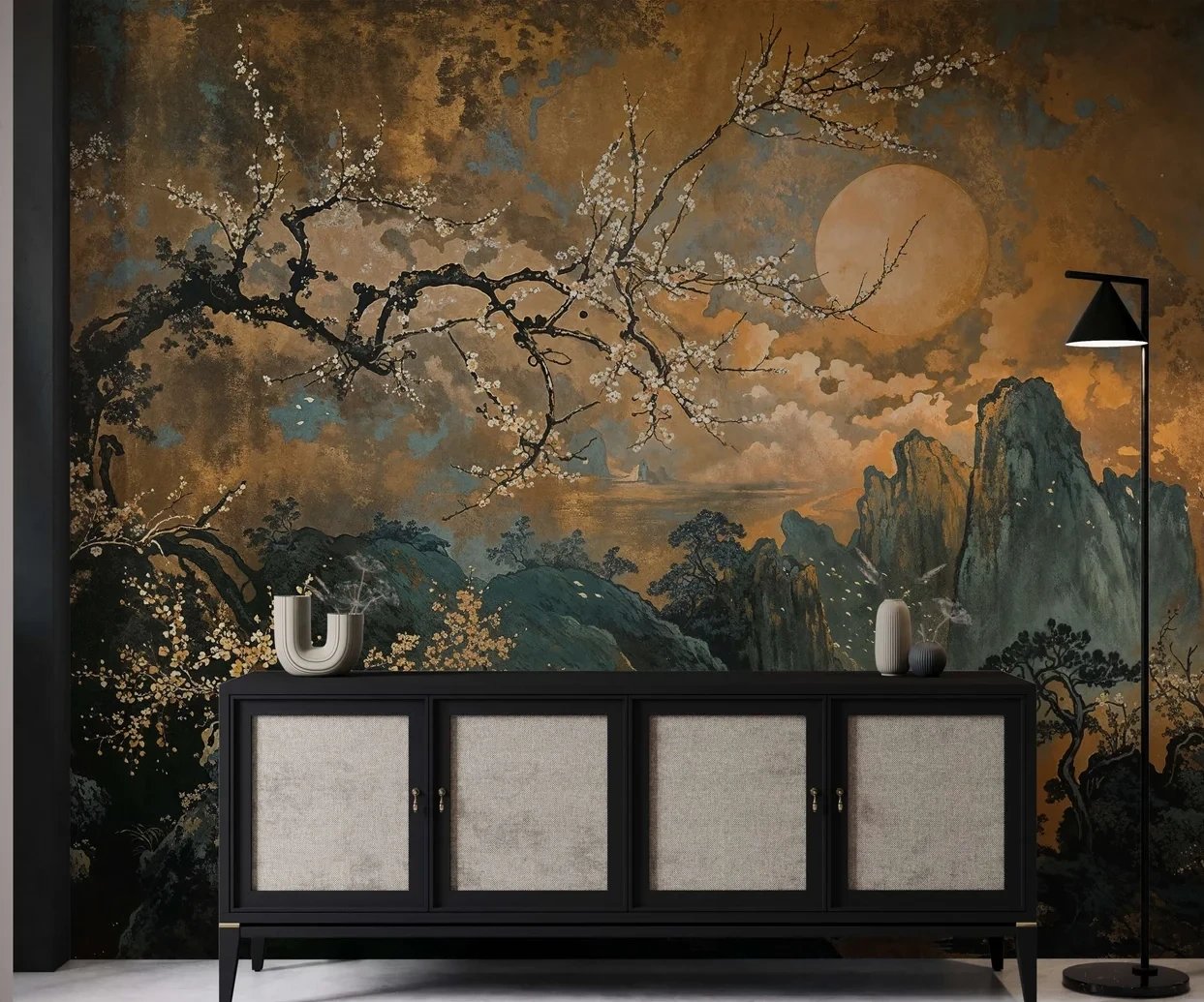 Wall art mockup: Eclectic living room with a large mural and black cabinet, with a cabinet