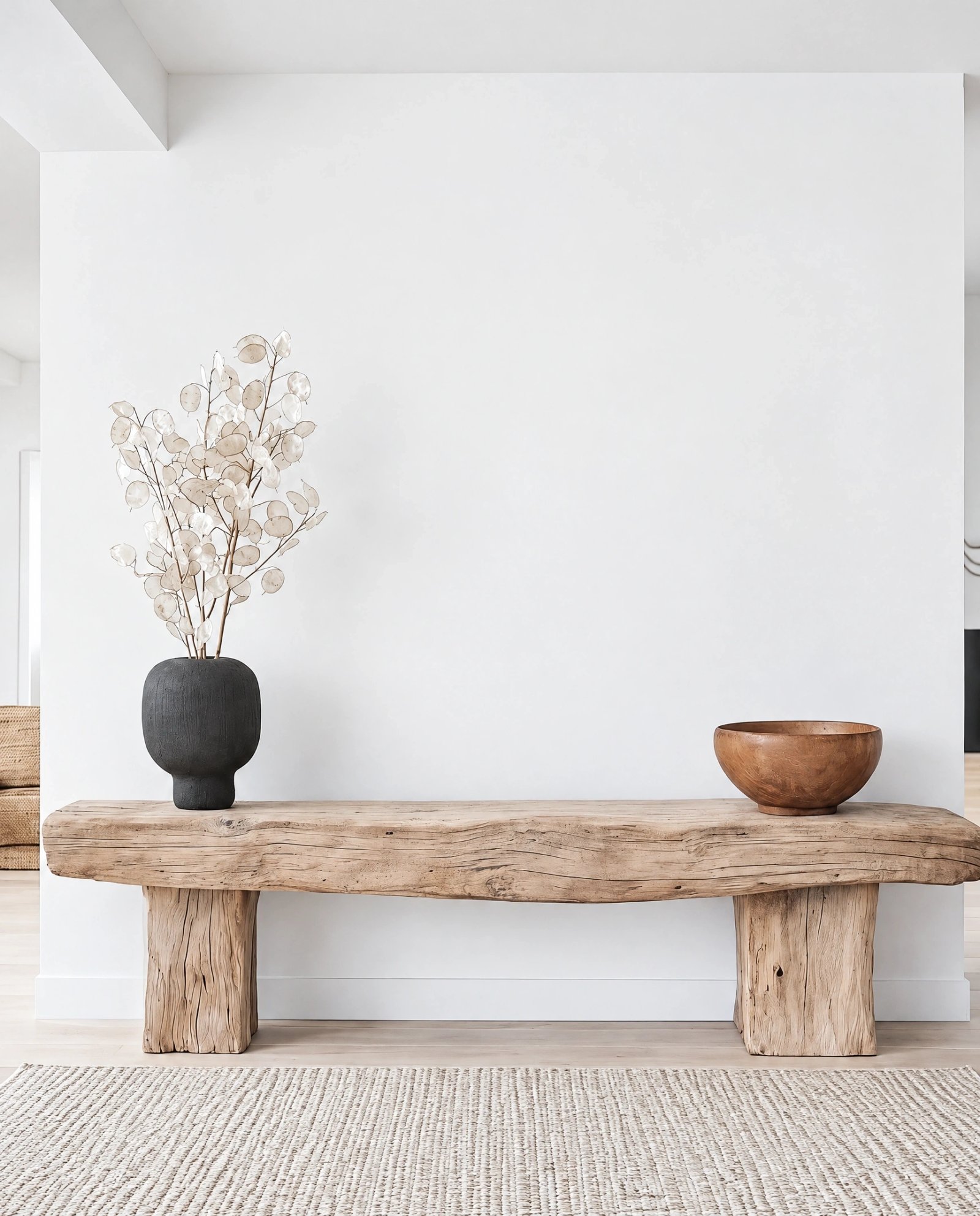 Wall art mockup: Contemporary hallway with a wooden bench and natural decor, with plants