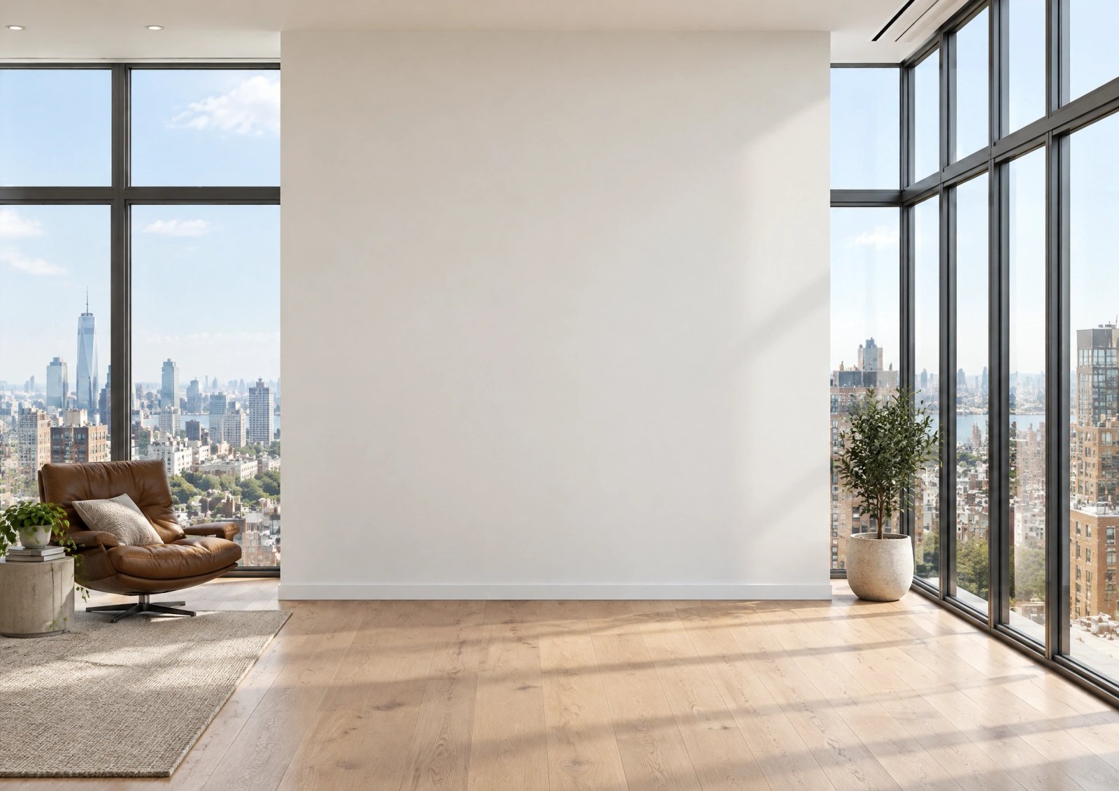 Wall art mockup: Contemporary living room with city views and a leather chair, with plants and a window