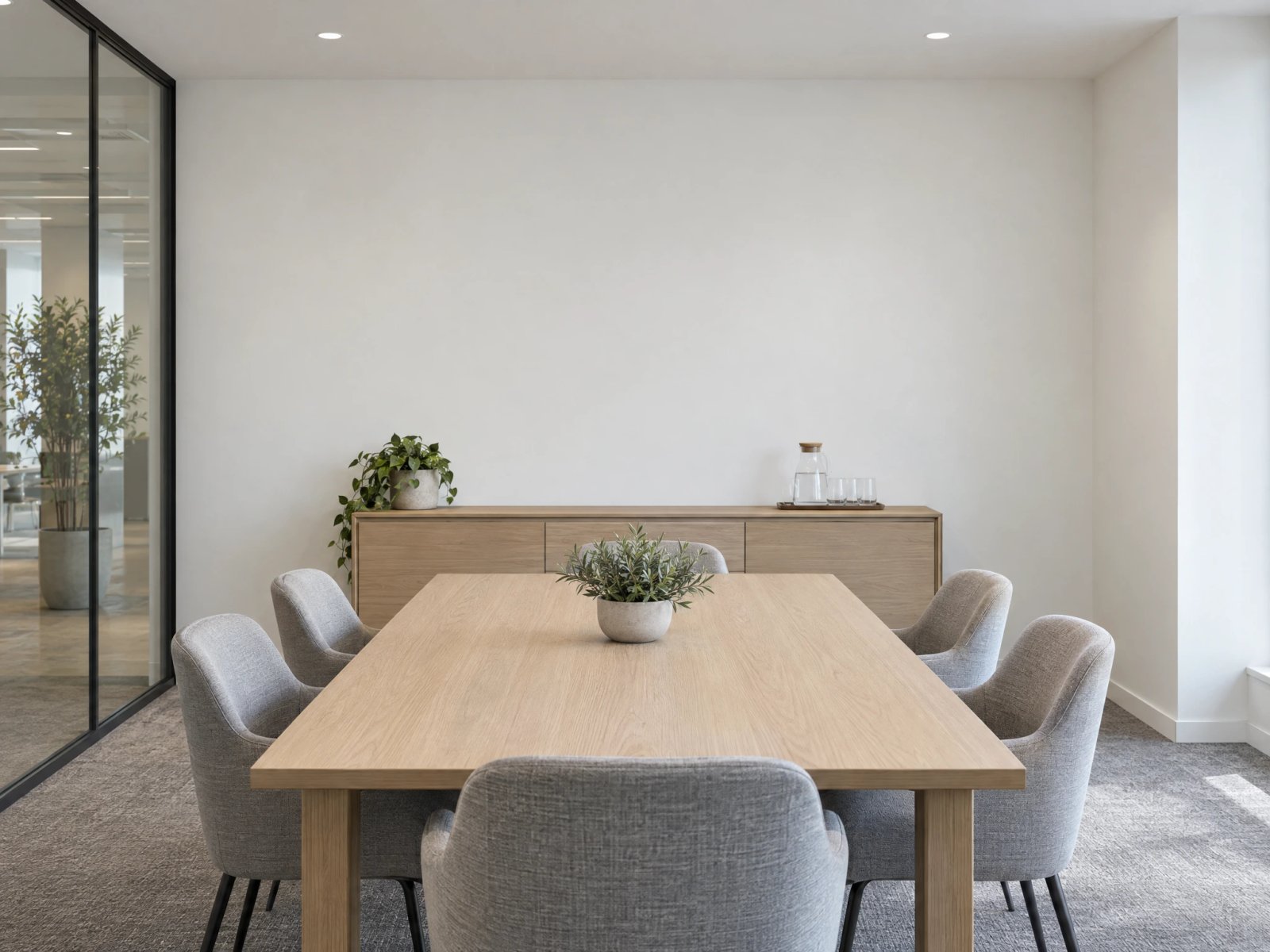 Wall art mockup: Contemporary meeting room with a wooden table and chairs, with plants and a dining table