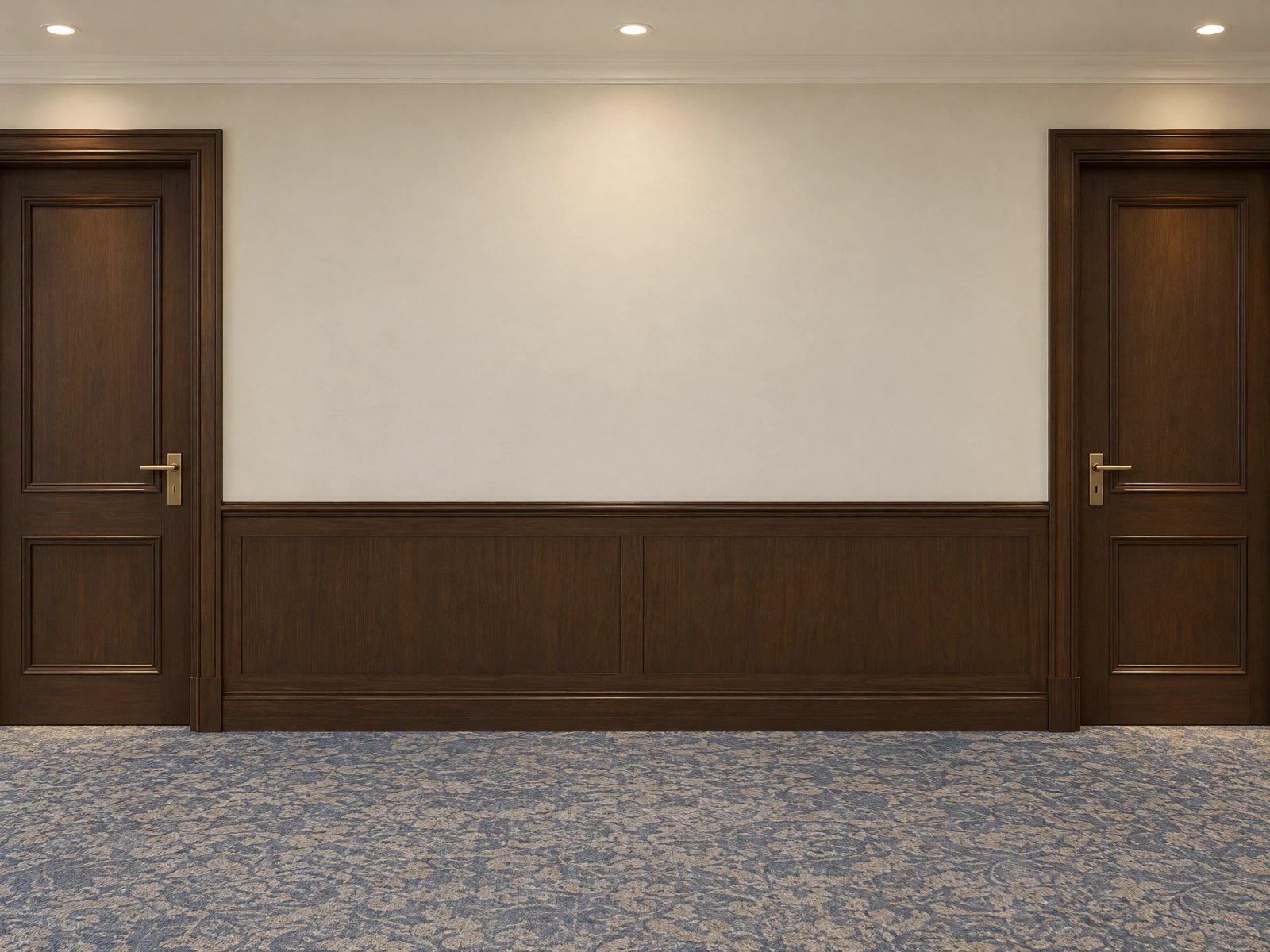 Wall art mockup: Contemporary hallway with wooden doors and panelling