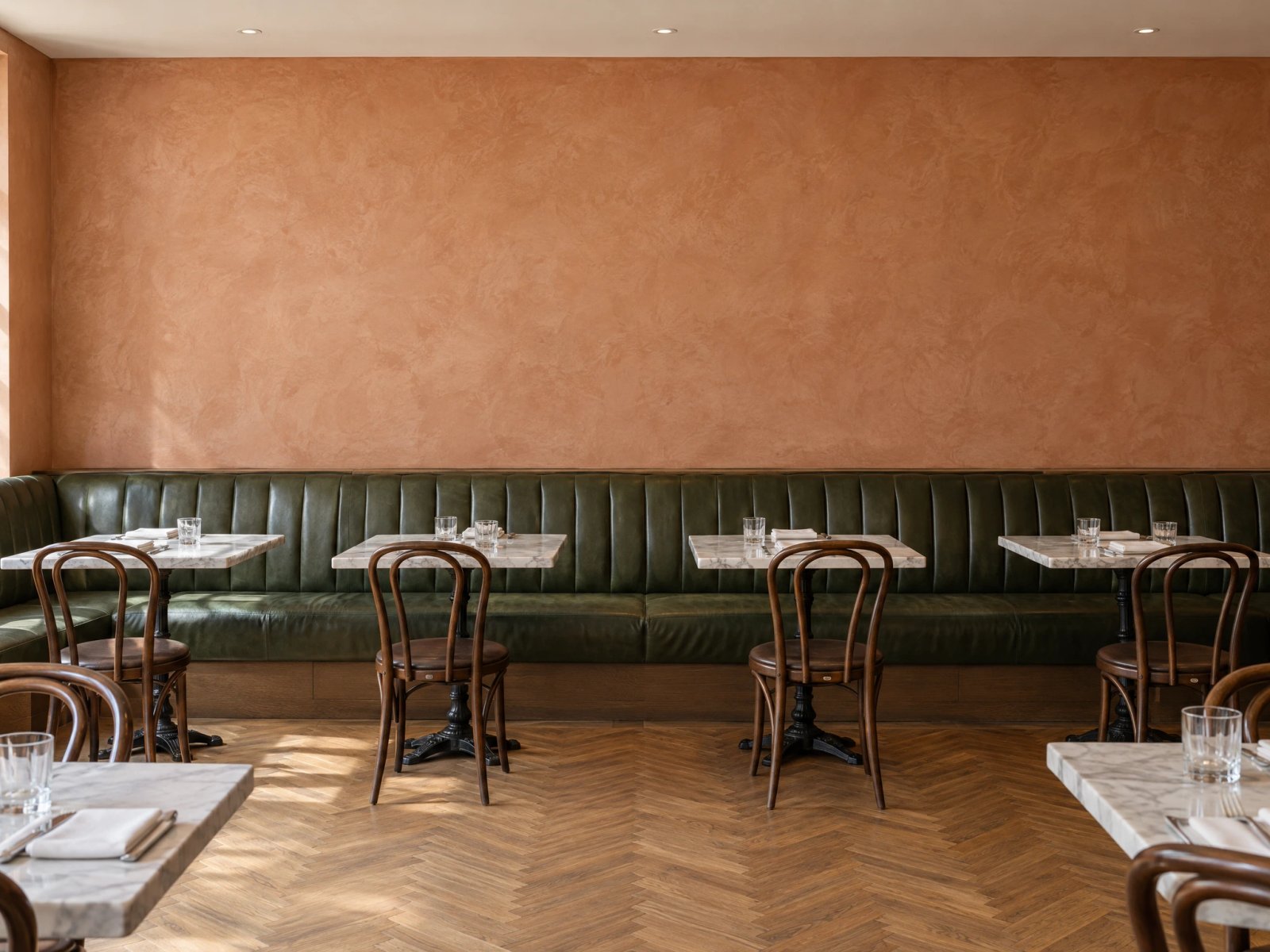 Wall art mockup: Contemporary dining room with terracotta walls and banquette seating