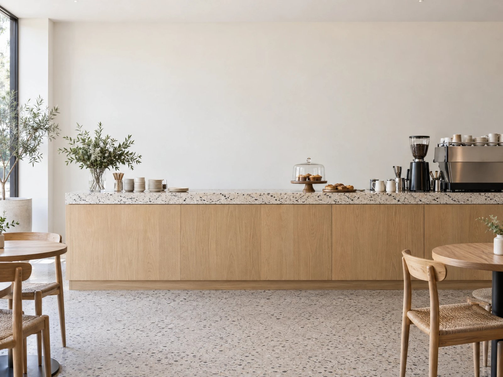 Wall art mockup: Contemporary kitchen with a light wall and wooden furniture, with plants and a dining table