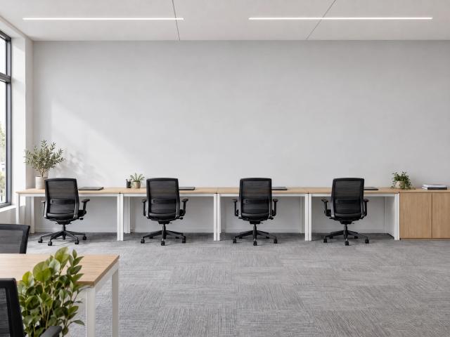 Open-plan office above a run of desks