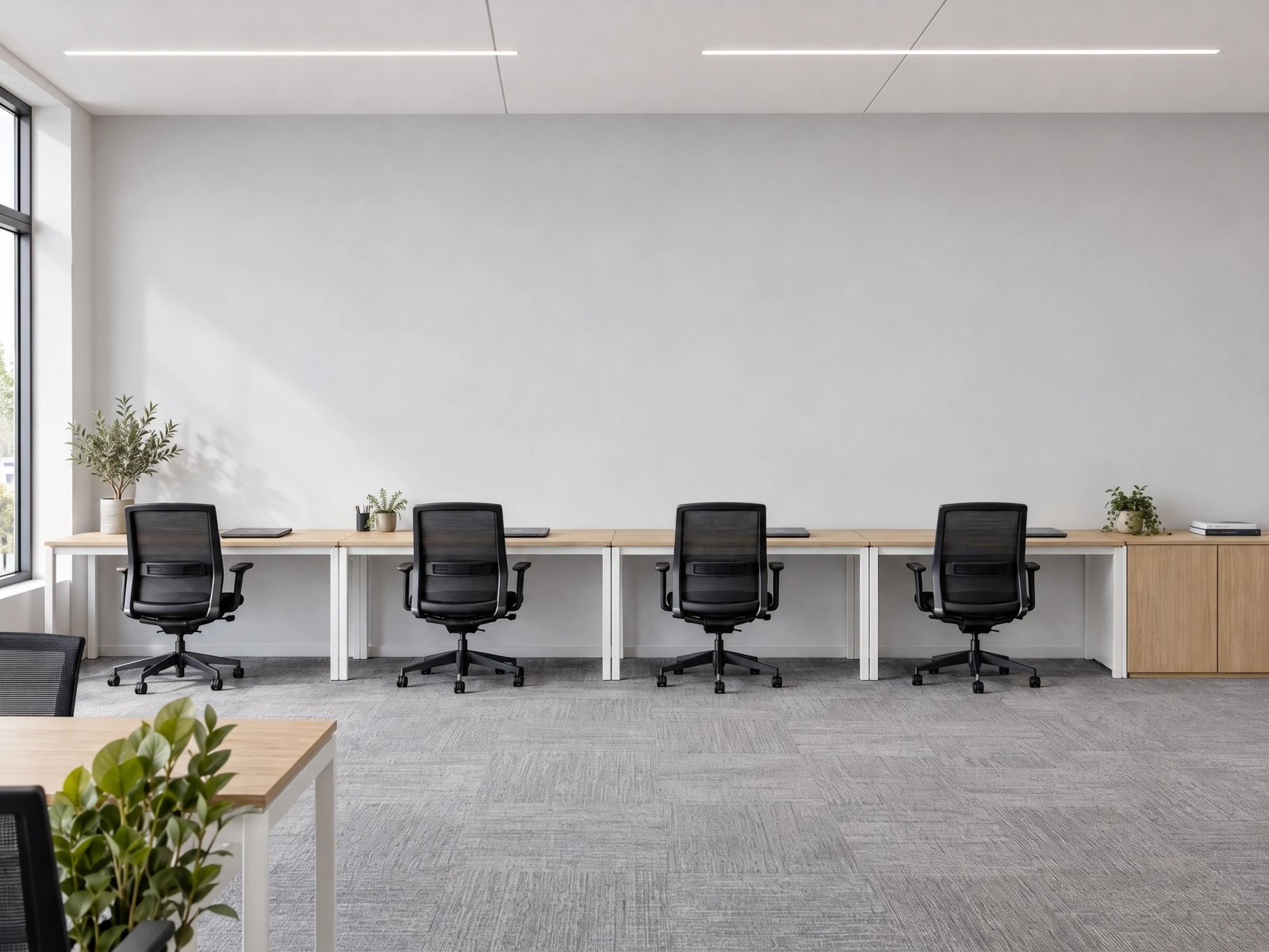 Contemporary office with white walls and workstations