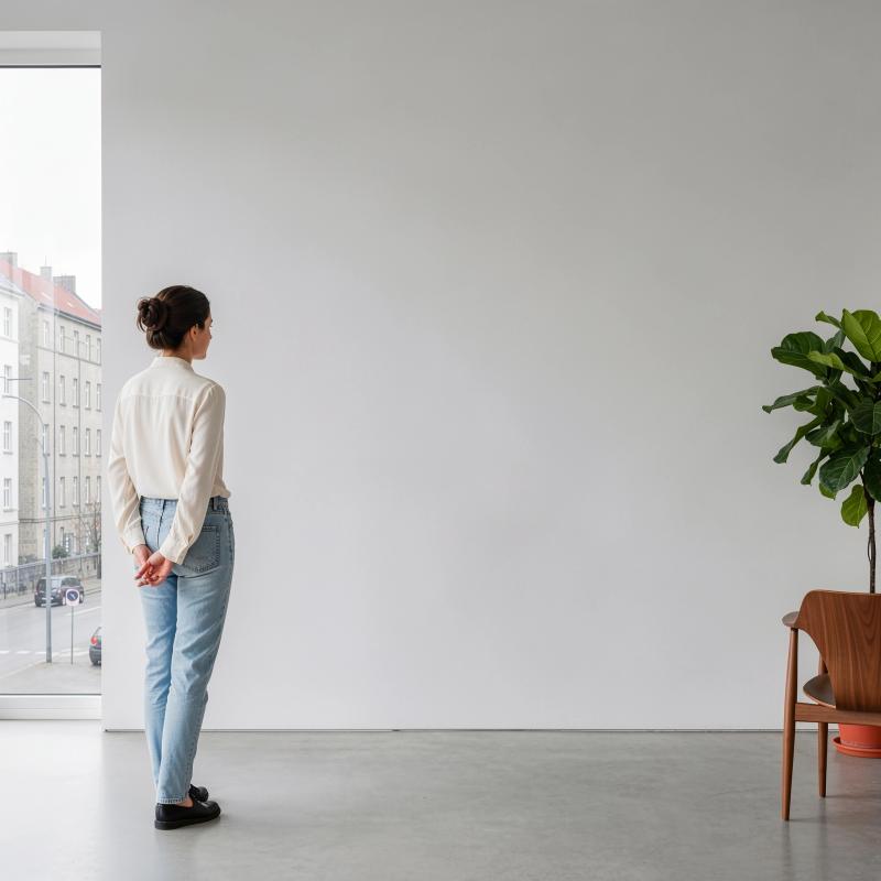 Minimalist gallery with a woman and plant