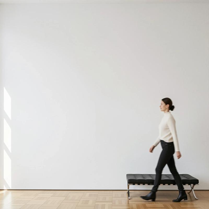 White-cube gallery with a visitor and a bench
