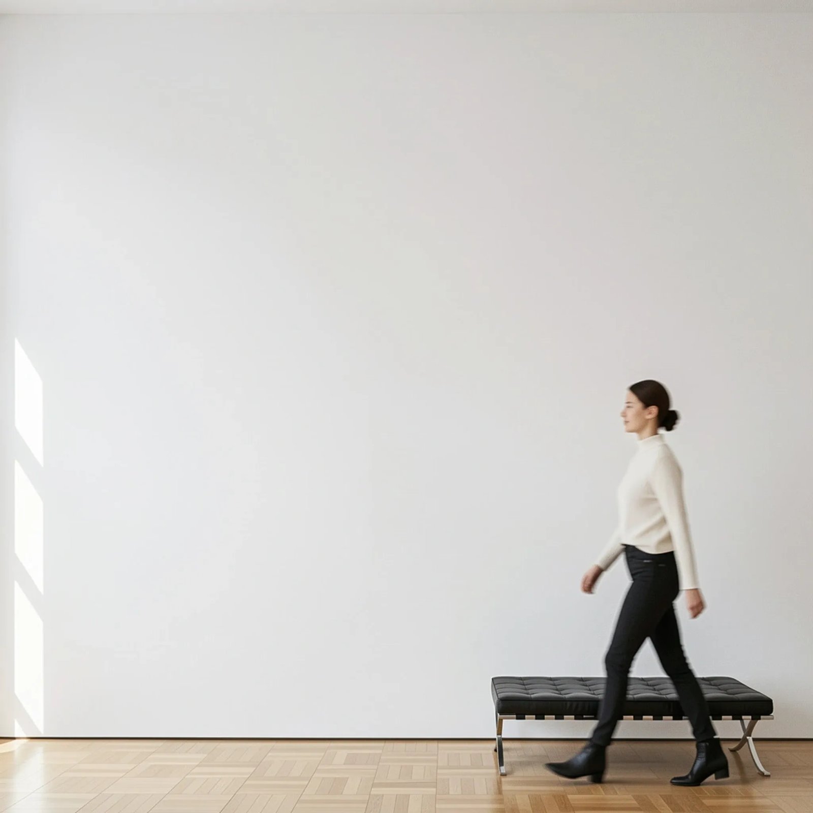 Wall art mockup: White-cube gallery with a visitor and a bench, with a person