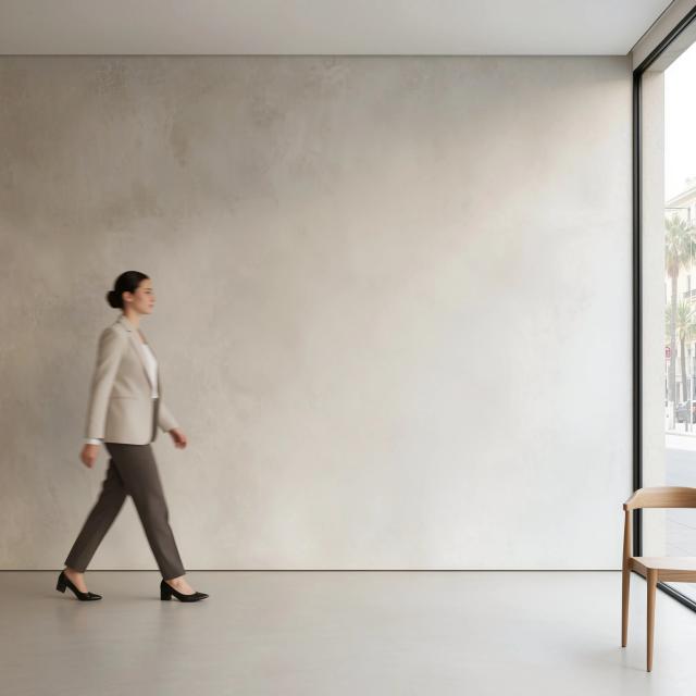 Minimalist gallery with a person walking and a window