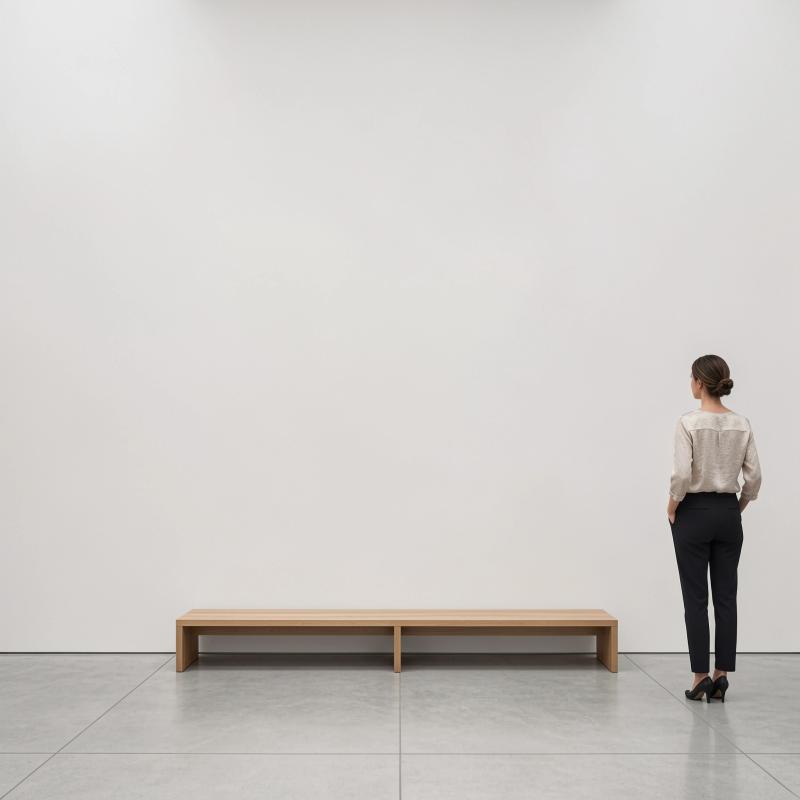 Minimalist gallery with a wooden bench and visitor