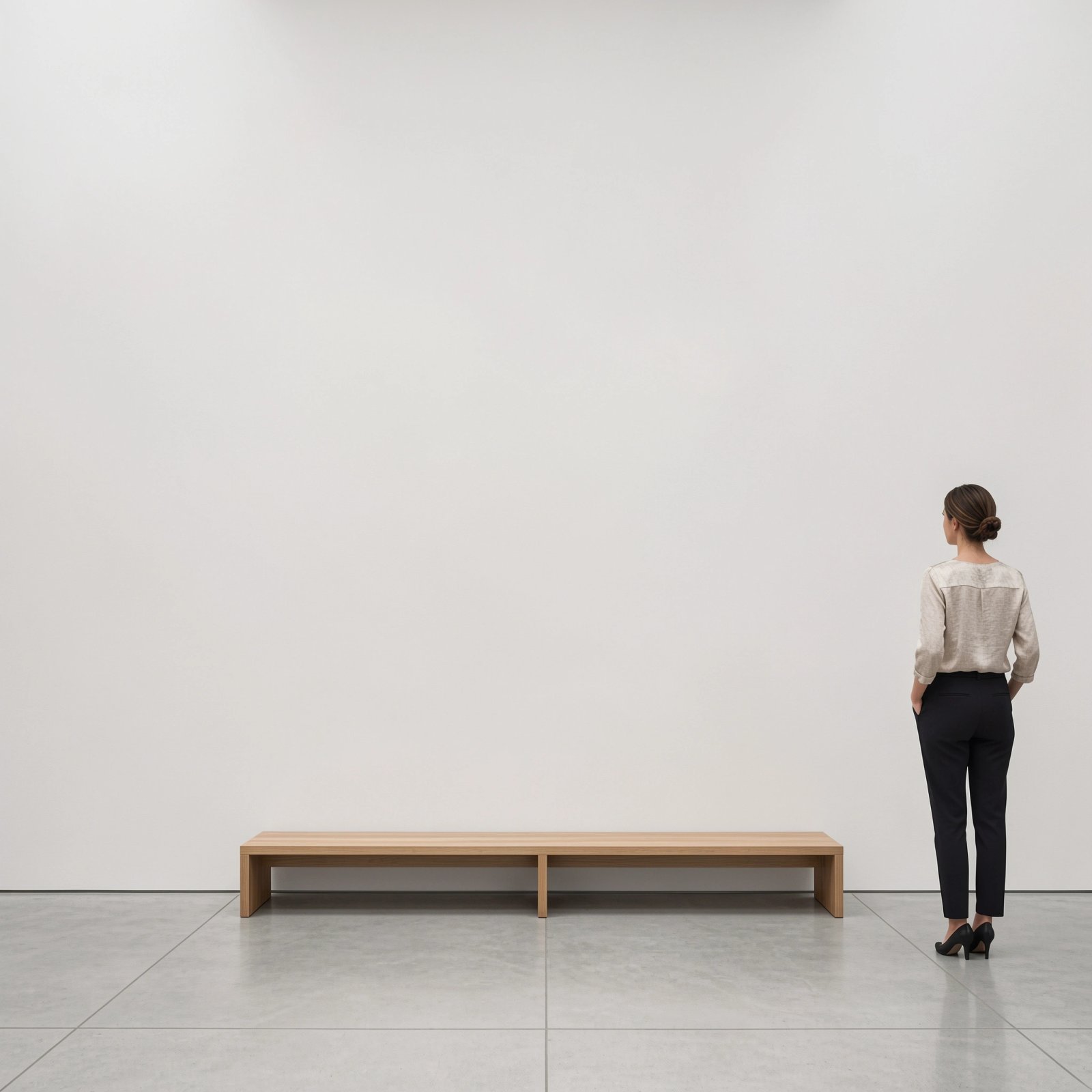 Wall art mockup: Minimalist gallery with a wooden bench and visitor, with a person