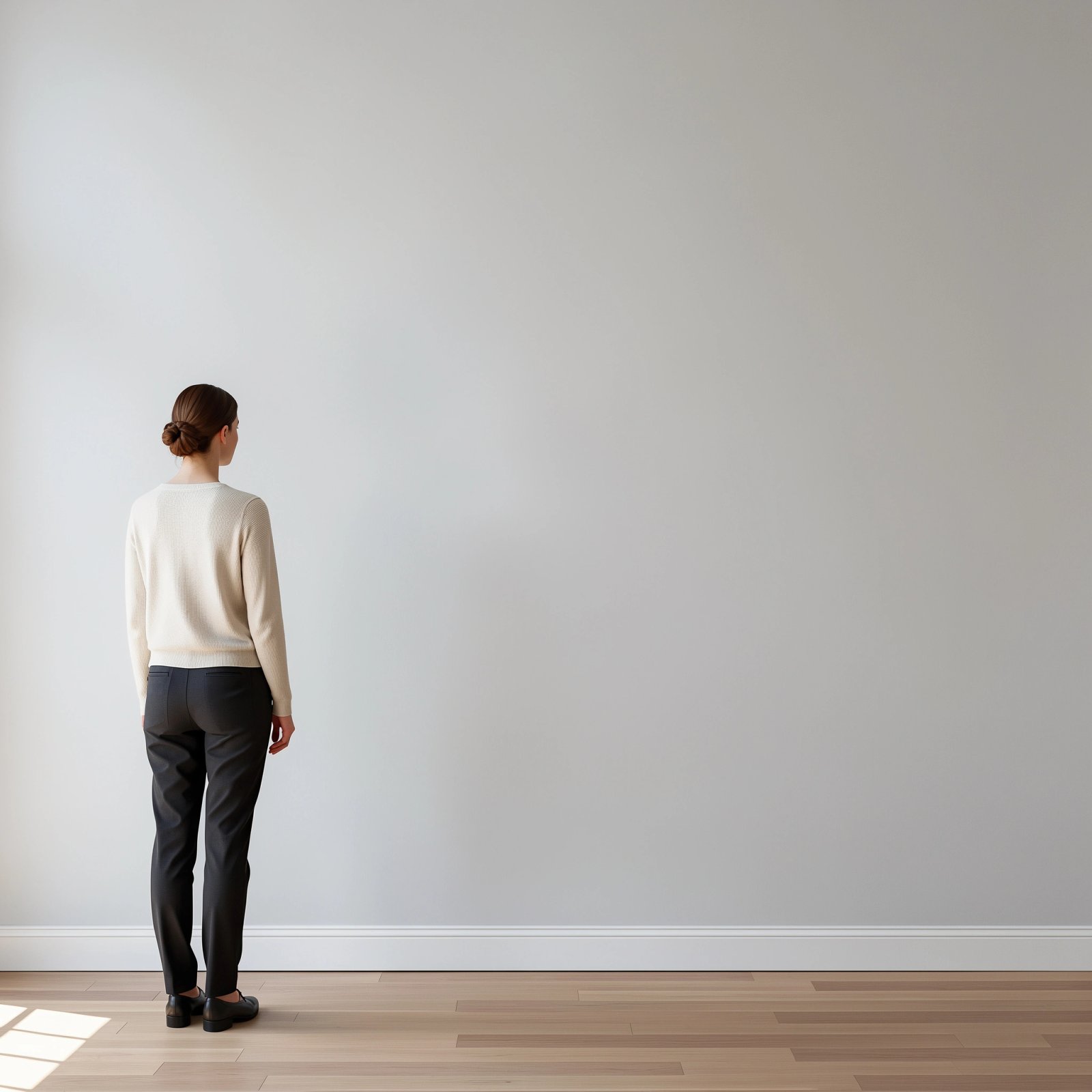 Wall art mockup: Minimalist gallery with a visitor looking at the wall, with a person