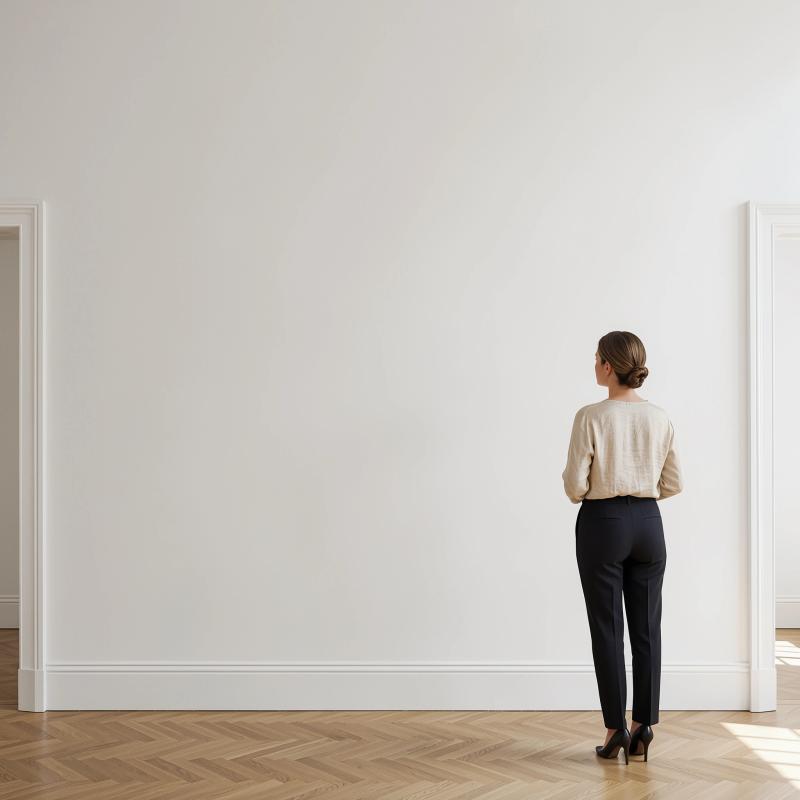 Minimalist gallery with herringbone floor and a visitor