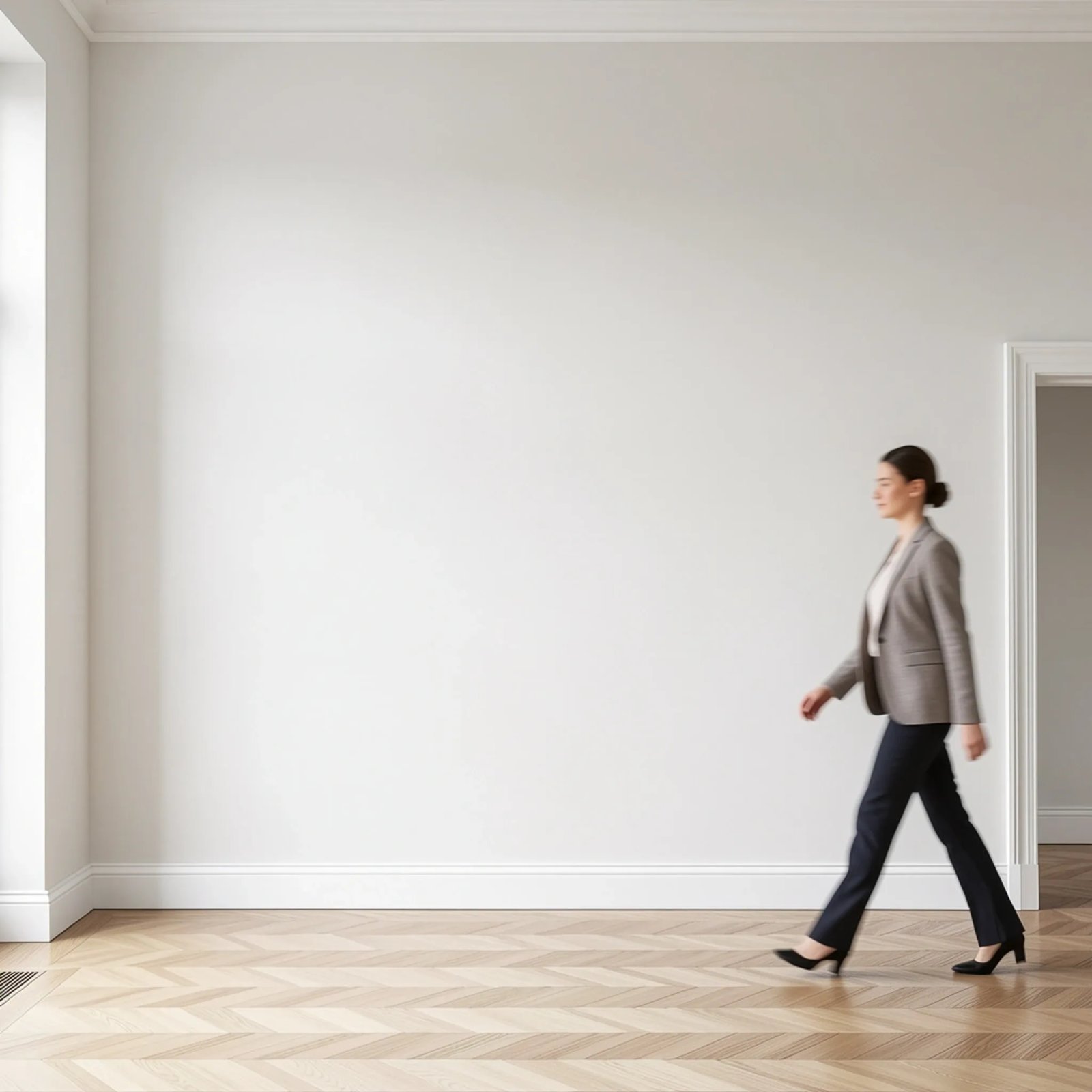 Wall art mockup: White gallery with a herringbone floor and a person walking, with a person