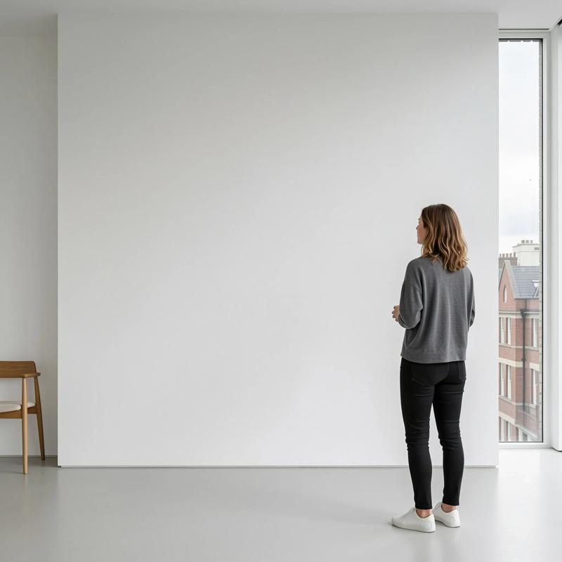 Minimalist gallery with a visitor and a window