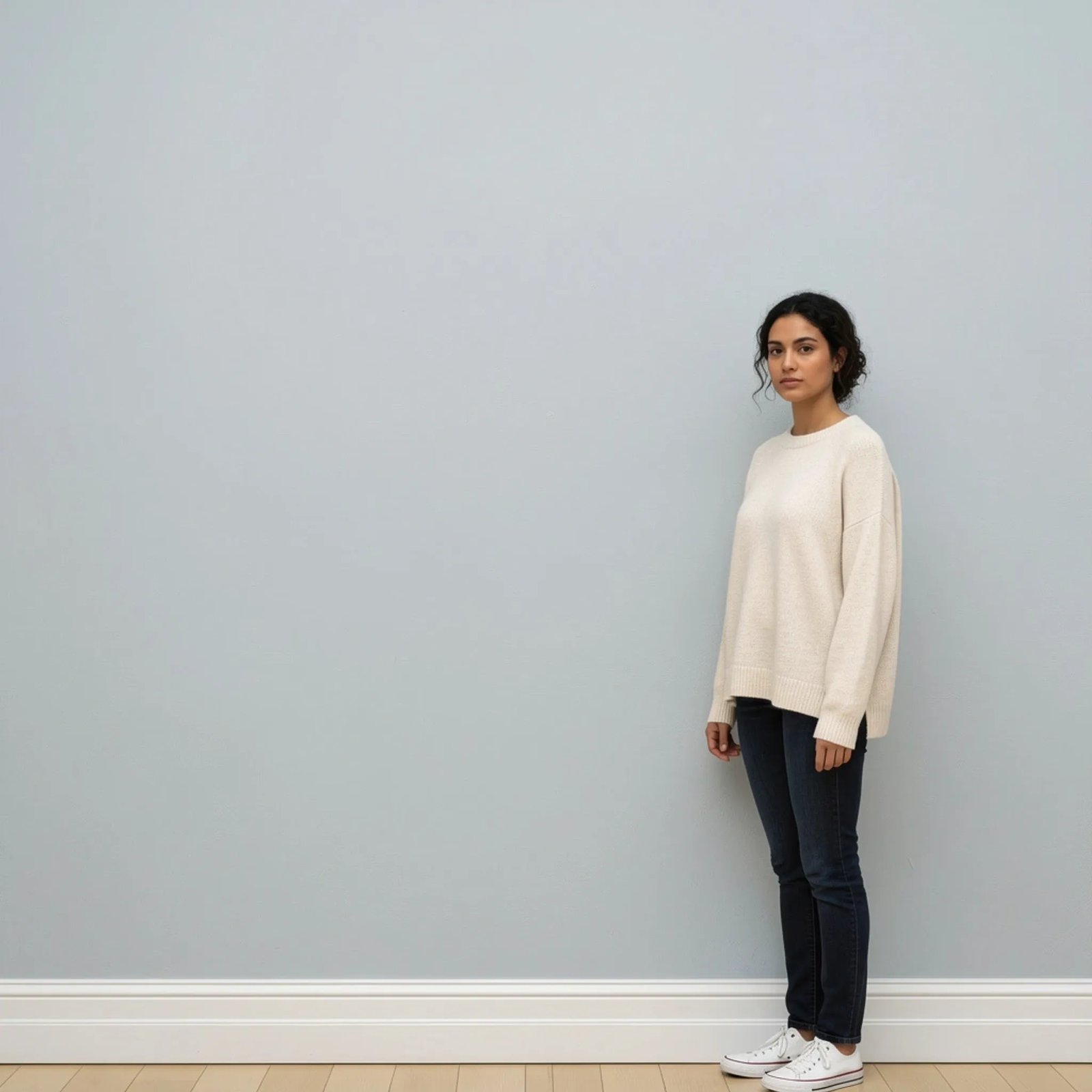 Wall art mockup: Contemporary room with a visitor standing by the wall, with a person