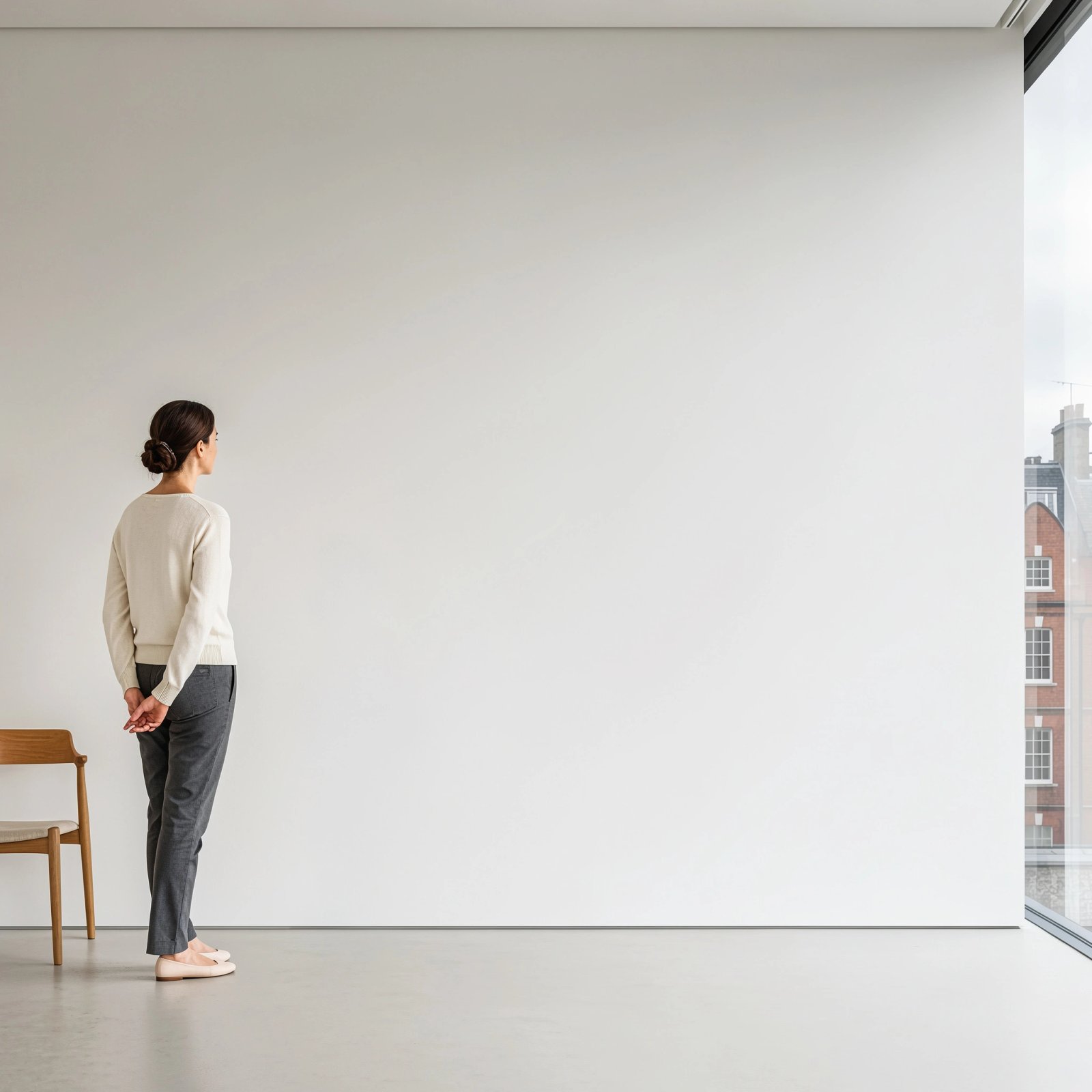 Wall art mockup: Bright white gallery with a person and chair, with a person