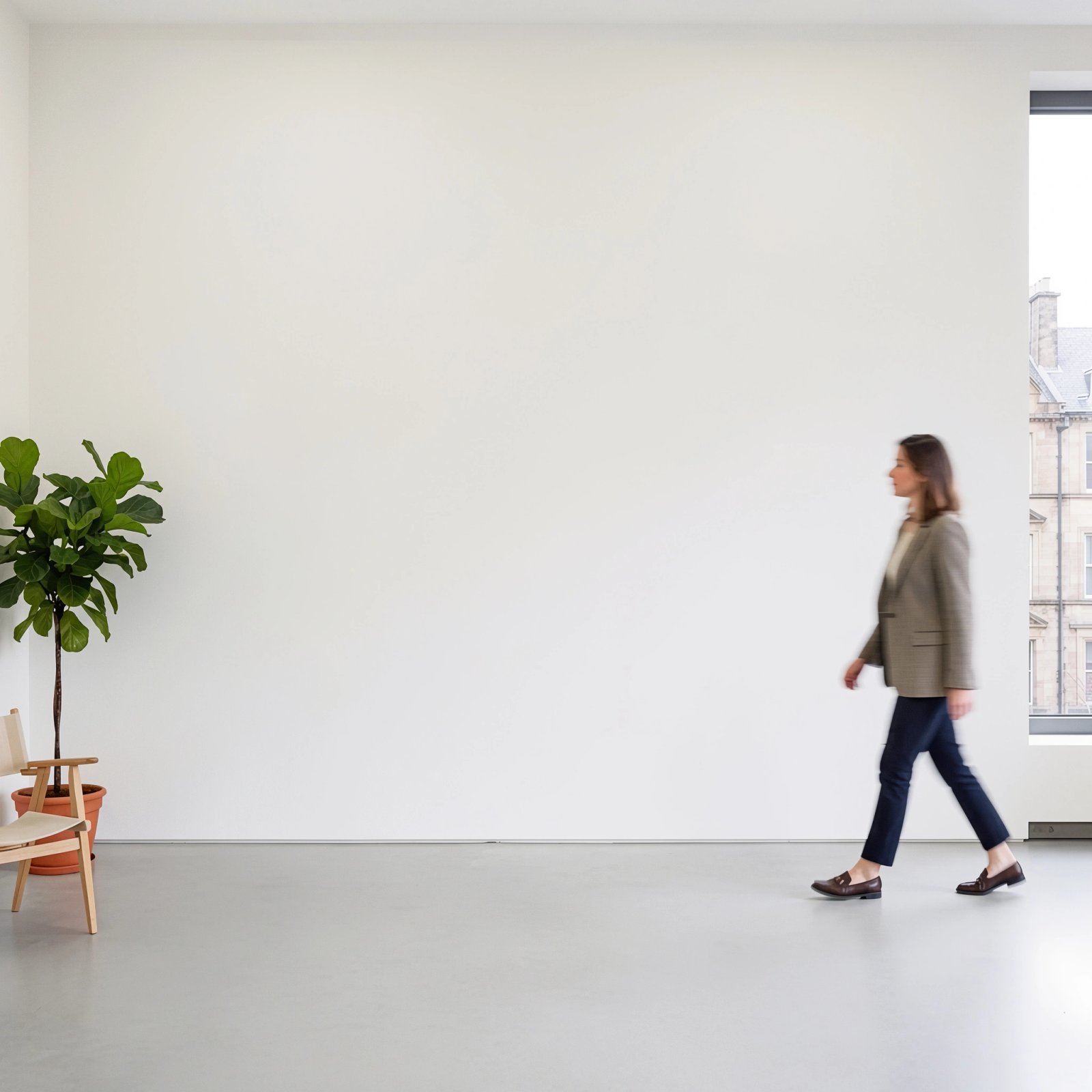 Wall art mockup: White gallery space with a walking visitor, with a person